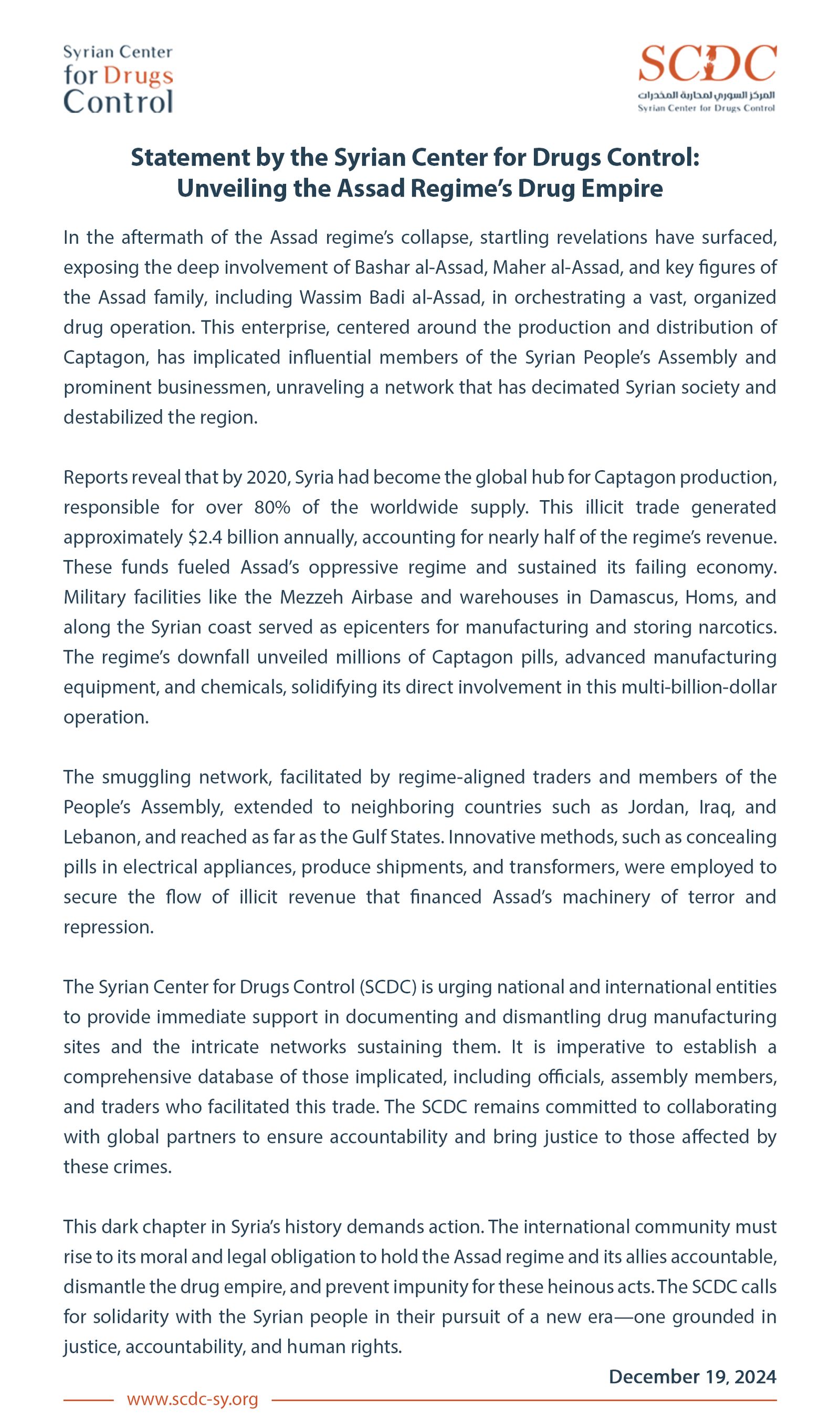 Statement by the Syrian Center for Drugs Control: Unveiling the Assad Regime’s Drug Empire